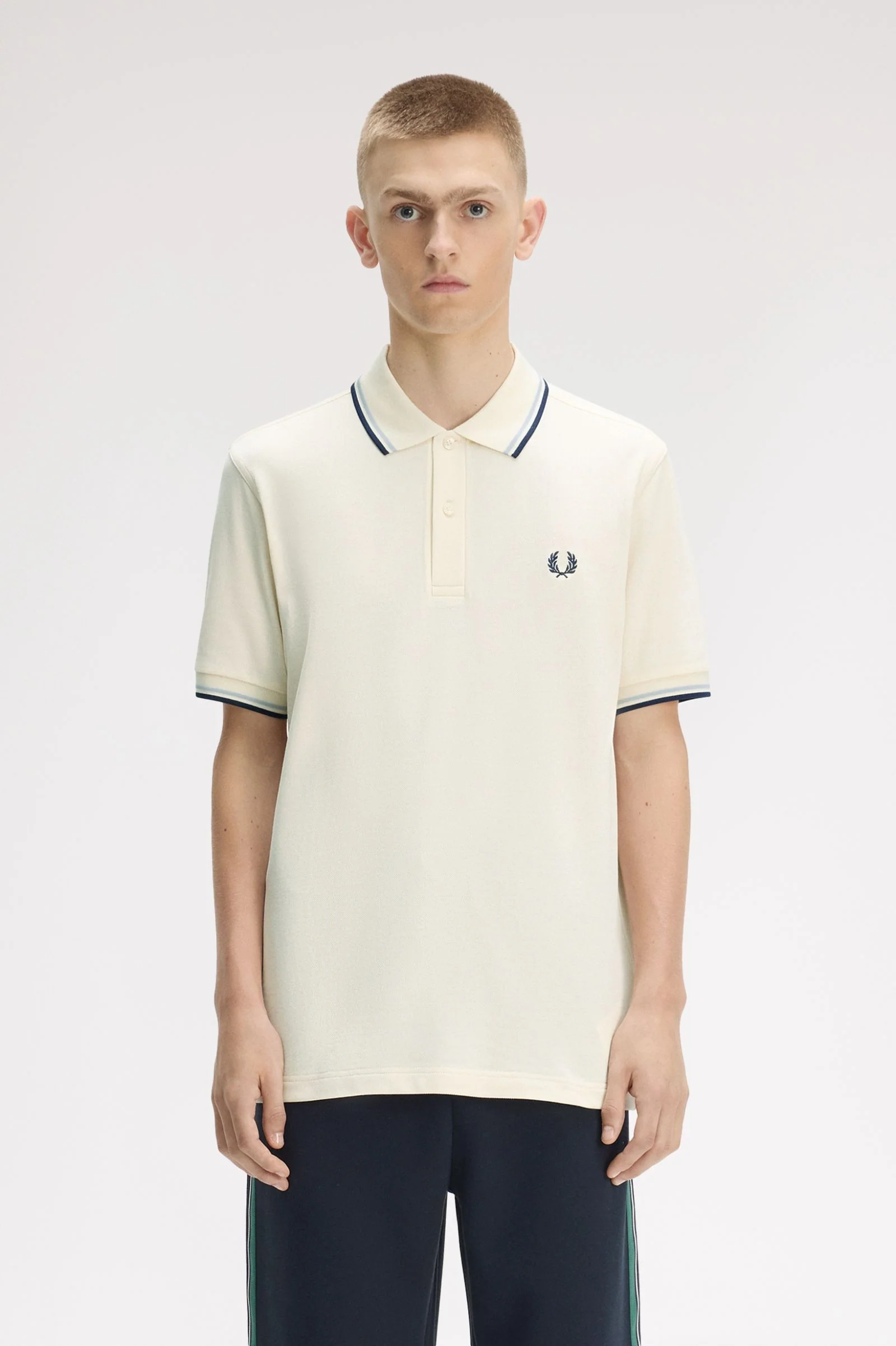 Fred Perry M3600 Twin Tip Polo - Ecru / Dusky Blue / French Navy - Image 3