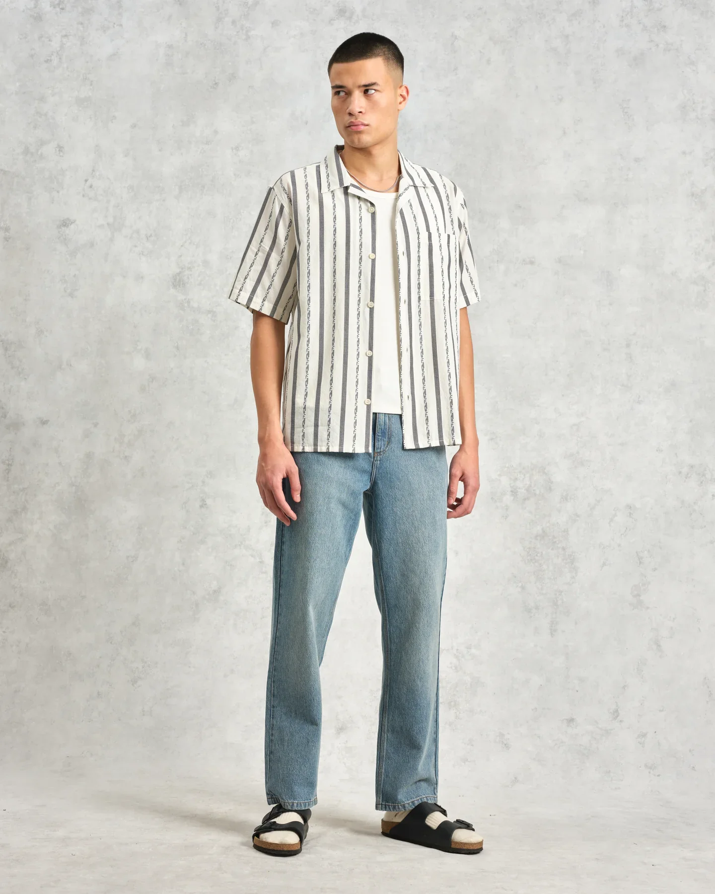 Wax London Didcot SS Pocket Shirt - Fleck Stripe Ecru - Image 4